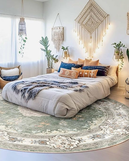 MUJOO Green Round Rug 9ft,Large Circle Washable Area Rugs for Bedroom Living Room Bathroom,Boho Non Slip Circular Carpet,Sage Floral