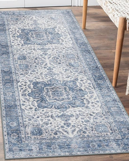 ReaLife Rugs Machine Washable Area Rug Runner - Living Room Bedroom Bathroom Kitchen Entryway Office - Padded Low Pile Stain Resistant Premium - Boho Farmhouse Vintage - Joy - Blue Ivory 2'6" x 6'
