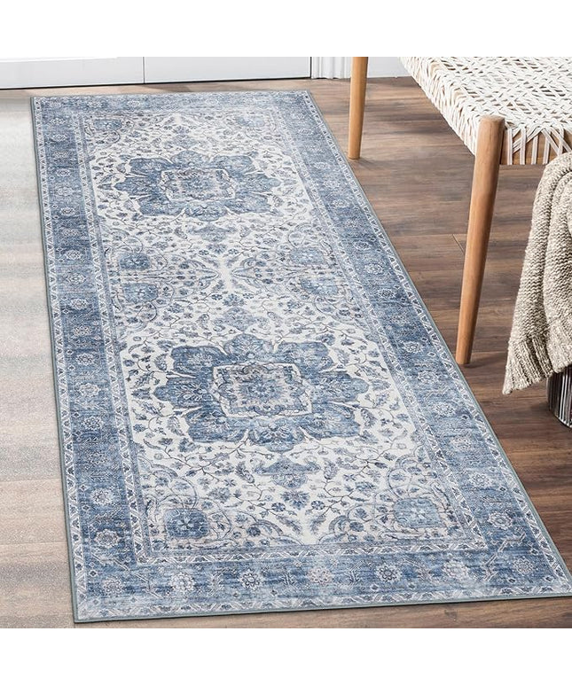 ReaLife Rugs Machine Washable Area Rug Runner - Living Room Bedroom Bathroom Kitchen Entryway Office - Padded Low Pile Stain Resistant Premium - Boho Farmhouse Vintage - Joy - Blue Ivory 2'6" x 6'