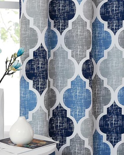 Beauoop 100% Blackout Curtains 96 Inches Long 2 Panels for Bedroom Living Room Blue Grey Moroccan Geo Room Darkening Thermal Insulated Soundproof Grommet Top Window Treatments Drapes, 50x96 Set of 2