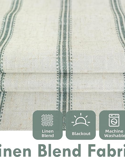 DriftAway Farmhouse Linen Blend Blackout Curtains 63 Inches Long for Bedroom Vertical Striped Printed Linen Curtains Thermal Insulated Lined Treatments for Living Room Pair W52 x L63 Linen Loden Green