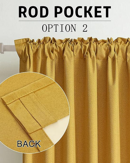 DUALIFE Full Blackout Yellow Curtains 63 Inch Long Linen Textured Curtains Thermal Insulated Heat Blocking Noise Reducing Vintage Drapes for Nursery Bedroom Rod Pocket&Back Tab 2 Panels 50W x 63L