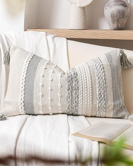 BlissBlush Gray Decorative Lumbar Pillow Cover 14x24, Grey Boho Long Body Pillow for Bed, Farmhouse Lumbar Throw Pillow for Couch, Modern Accent Textured Throw Pillowcase