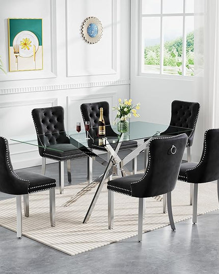 Rectangle Glass Dining Table Set for 6, 60'' Kitchen Table and Chairs Set, 7PCS Modern Dining Room Table Set with 6 Velvet Dining Chair for Home