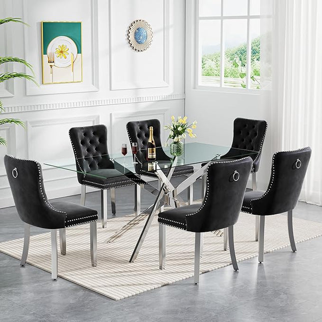 Rectangle Glass Dining Table Set for 6, 60'' Kitchen Table and Chairs Set, 7PCS Modern Dining Room Table Set with 6 Velvet Dining Chair for Home