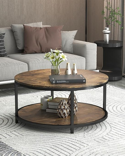 NSdirect 36 inches Round Coffee Table, Rustic Wooden Surface Top & Sturdy Metal Legs Industrial Sofa Table for Living Room Modern Design Home Furniture with Storage Open Shelf (Brown)