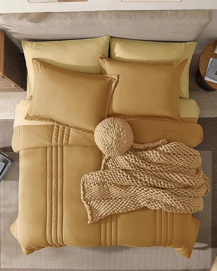 Monbix Queen Comforter Set - 7 Pieces Desert Yellow Bed in a Bag Queen Bedding Sets with Comforters, All Seasons Down Alternative Comforter Bed Set with Sheets, Pillowcases & Shams