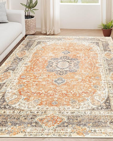 5x7 Area Rugs Washable,Boho Rug for Living Room Bedroom Kitchen,Large Vintage Bohemian Farmhouse Distressed Carpet Non Slip,Retro Orange Grey Floral