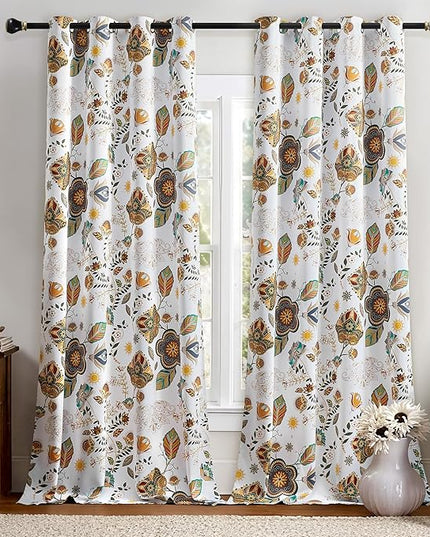 XiDi Vintage Floral Patterned Blackout Curtains 102 Inches Long 2 Panels for Bedroom Living Room Thermal Insulated Luxury Colorful Curtains Botanical Leaf Printed Design Grommet Drapes White 52x102