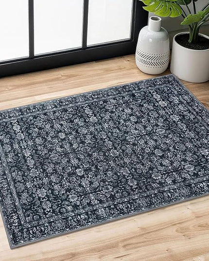 2x3 Washable Area Rug for Entryway, Black Non-Slip Soft Indoor Door Mat Distressed Floral Low-Pile Kitchen Rugs, Neutral Vintage Carpet for Entrance Farmhouse