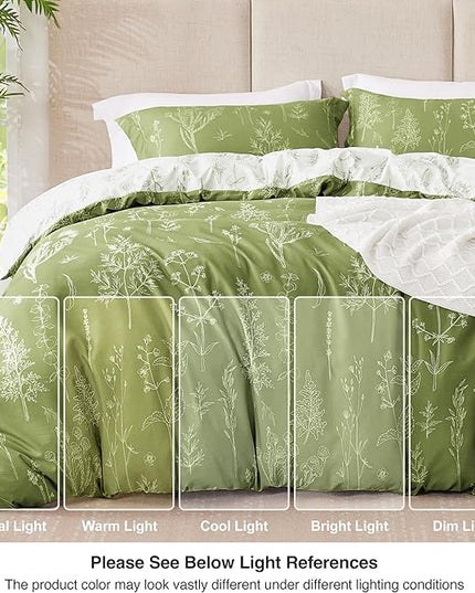 Love's cabin Olive Green Queen Comforter Set - Queen Size Comforter Set, 3 Pieces Cute Floral Bedding Sets for All Seasons,1 Soft Reversible Botanical Flowers Comforter and 2 Pillow Shams