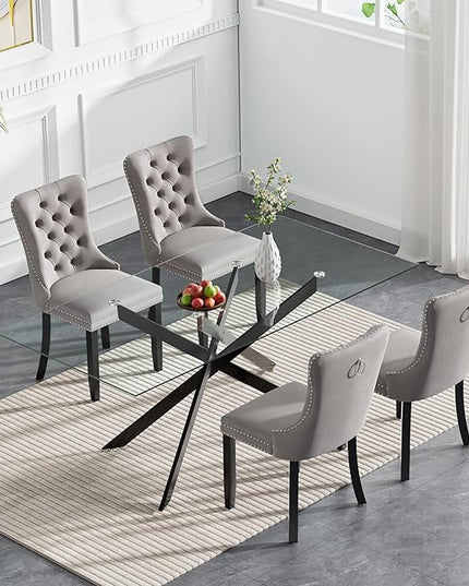 Modern 5-Piece Glass Dining Table Set for 4, Modern 60" Rectangle Black Glass Dining Room Table Set with Grey Velvet Tufted Chairs Wood Legs for Kitchen Dining Room