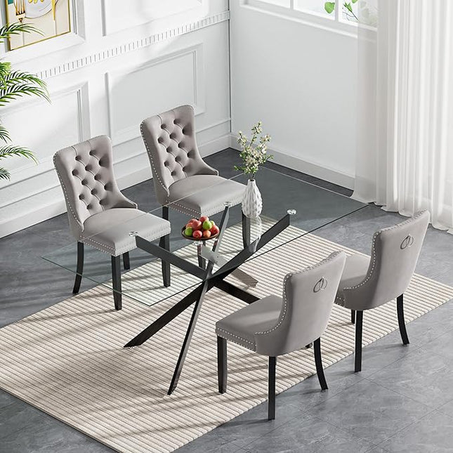 Modern 5-Piece Glass Dining Table Set for 4, Modern 60" Rectangle Black Glass Dining Room Table Set with Grey Velvet Tufted Chairs Wood Legs for Kitchen Dining Room