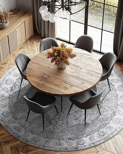 jinchan Fiora Round Rug 7ft Area Rug - Grey Vintage Floor Mat Indoor Ultra-Thin Soft Floral Print - Washable Circle 7' Retro Accent for Farmhouse Non Slip Dining Room Living Room Bedroom Office