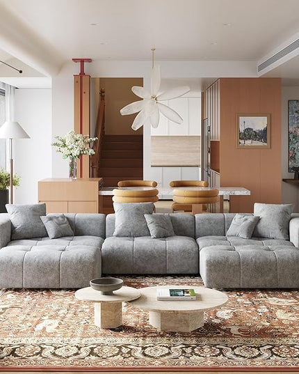 JACH 144.1 Inch U-Shaped Modular Sofa, Mid Century Modern Deep Seat Sectional Couch, 3-Seater Sofas with Chaise Ottomans for Living Room, Cozy Sofas for Apartment, Living Room (Linen Fabric, Grey)