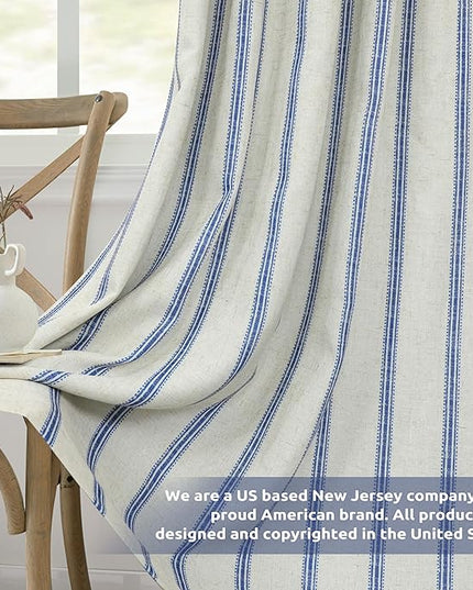 DriftAway Farmhouse Linen Blend Blackout Curtains 54 Inches Long for Bedroom Vertical Striped Printed Linen Curtains Thermal Insulated Lined Treatments for Living Room 2 Panels W52 x L54 Linen Navy