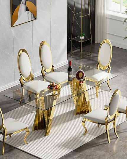 70" Glass Dining Table for 6, Modern Tempered Glass Kitchen Table, Rectangular Dining Room Table with Gold Stainless Steel Base Dinner Tables for Kitchen Home Office