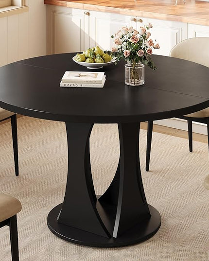 Round Dining Table for 4-6, Kitchen Table with Sturdy Double Arc & Rounded Base & Backboard Clasp Desktop, Mid-Century Modern Circle Dinner Table for Dining Living Room, Space Saving, Black