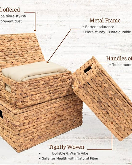 Wicker Storage Baskets with Lid, Basket With Lid Decorative Storage Rectangle 14"D X 11"W X 7"H Wicker Storage Basket With Lid Large Rattan Storage Box Hyacinth Baskets