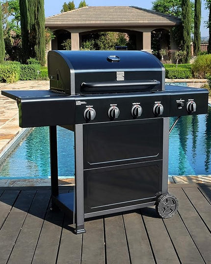 Kenmore 4-Burner Gas Grill with Side Burner, Outdoor BBQ Grill, Propane Gas Grill, Cast Iron Cooking Grates, Electronic Ignition, Warming Rack, Open Cart Design, 53000 BTUs, Black