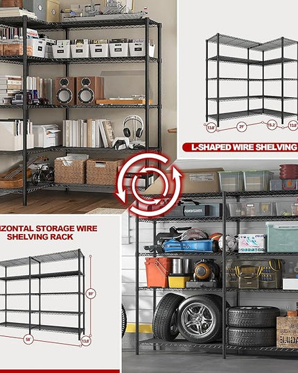 REIBII 5 Tier Wire Shelving Storage Shelves Loads 1430LBS, 58" W Metal Shelving Unit for Storage Adjustable Heavy Duty Garage Shelving Pantry Shelves Kitchen Shelving, Black, 2 Pack