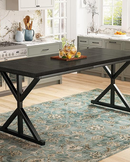 70.8 Inch Rectangular Dining Table for 6-8 People, Farmhouse Kitchen Table with Metal Base & Solid Wood Top, Easy Assembly, Water-Resistant, for Dining Room & Kitchen, All-Black