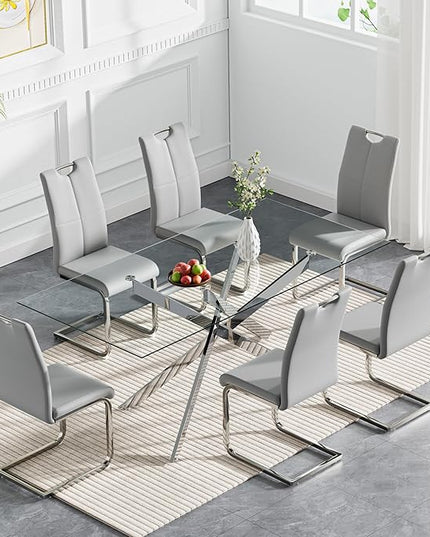 HomVent 7 Piece Rectangular Glass Dining Table Set, Rectangular Glass Kitchen Table Set for 6 with 6 PU Upholstered Dining Chairs for Kitchen Dining Room