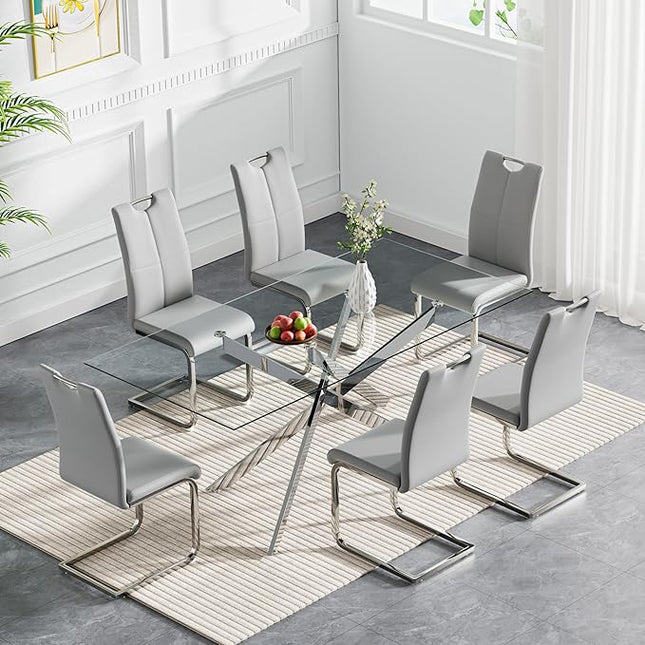 HomVent 7 Piece Rectangular Glass Dining Table Set, Rectangular Glass Kitchen Table Set for 6 with 6 PU Upholstered Dining Chairs for Kitchen Dining Room