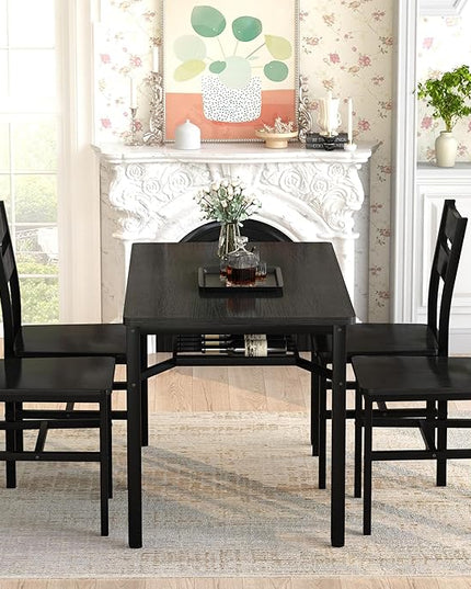 Hooseng Dining Table Set for 4, Wood Kitchen Table Chairs Set with Storage, Farmhouse 5 Piece Dining Room Table Set, Space-Saving Dinette Set for Breakfast Nook, Apartment (Black)
