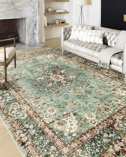 6x9 Area Rugs Washable,Green Rug for Living Room Bedroom Kitchen,Large Boho Vintage Bohemian Distressed Oriental Carpet Non Slip