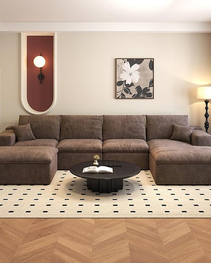 136.6'' U-Shaped Modern Modular Sectional Cloud Couch Whit Ottoman, 4-Seat Chenille Deep-Seat Sofa with Pillow for Living Room, Bedroom, Apartment, Camel