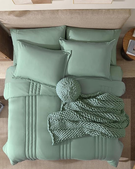 Monbix Queen Comforter Set - 7 Pieces Harbor Green Bed in a Bag Queen Bedding Sets with Comforters, All Seasons Down Alternative Comforter Bed Set with Sheets, Pillowcases & Shams