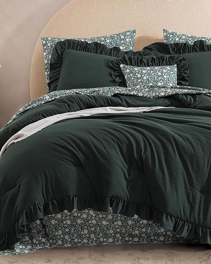 King Comforter Set - 7 Pieces Ruffle Forest Green Bedding Sets, Shabby Chic Farmhouse Bed in a Bag with Ruffle Comforter, Floral Sheets, Pillowcases & Shams