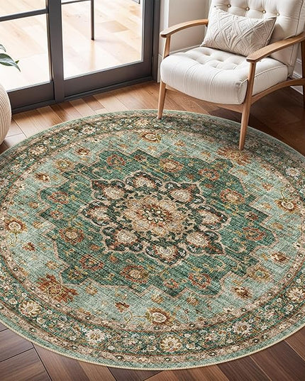 Washable Oriental Area Rug - 4ft Round Rugs for Living Room Soft Carpet for Bedroom Waterproof Floral Distressed Indoor Stain Resistant Non-Shedding Floor Carpets (Green, 4ft-Round)