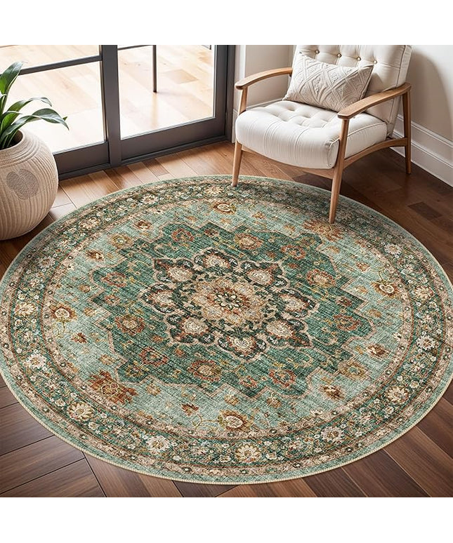 Washable Oriental Area Rug - 4ft Round Rugs for Living Room Soft Carpet for Bedroom Waterproof Floral Distressed Indoor Stain Resistant Non-Shedding Floor Carpets (Green, 4ft-Round)
