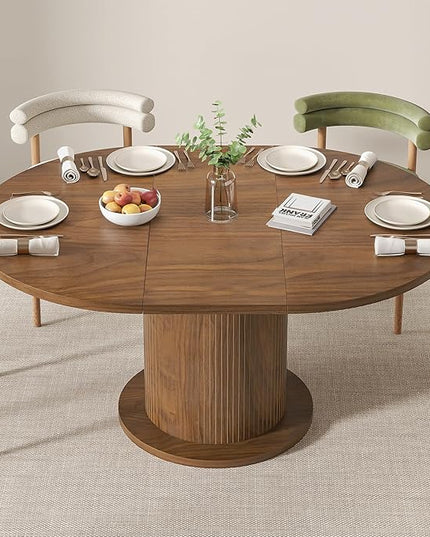 43.3 inch 59 inch Adjustable Size Round Dining Table for 4 6, Unique Design Modern Farmhouse Kitchen Table, Circle Dining Tables with Wood Strip Base for Kitchen Living Room (Walnut)