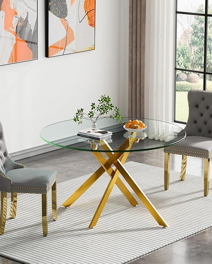 Round Glass Dining Table Set for 2, 47'' Clear Circular Kitchen Table and Chairs Set, 3PCS Modern Circle Dining Room Table Set with 2 Velvet Dining Chair for Home