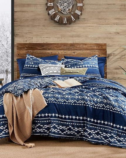 Geniospin Full Comforter Set - 7 Pieces Comforters Full Size, Fluffy Boho Bedding Sets for All Seasons, Bed in a Bag with Flat Sheet and Fitted Sheet, Pillowcase & Sham (Blue, 80''x90'')