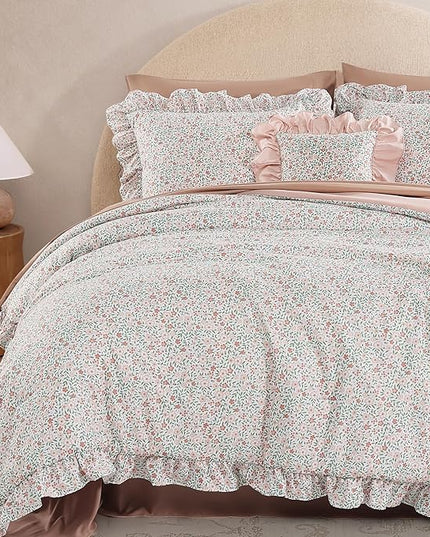 King Comforter Set - 7 Pieces Ruffle Pink Ditzy Bedding Sets, Shabby Chic Farmhouse Bed in a Bag King with Floral Comforter, Sheets, Pillowcases & Shams