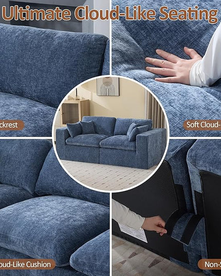 88''Cloud Boneless Sectional Couch, Modular Sectional Sofa Deep Seat, Upholstered Convertible Comfy Loveseat Chenille Memory Foam Sofa Couches for Living Room, Blue