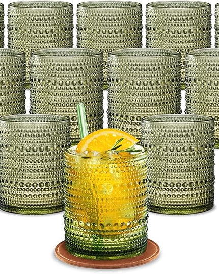 12 OZ Hobnail Drinking Set of 12 – Vintage Embossed Glassware, Textured Tumblers for Water, Beer, Cocktails, Mocktails, Whiskey & More – Includes Straws and Coasters – Green