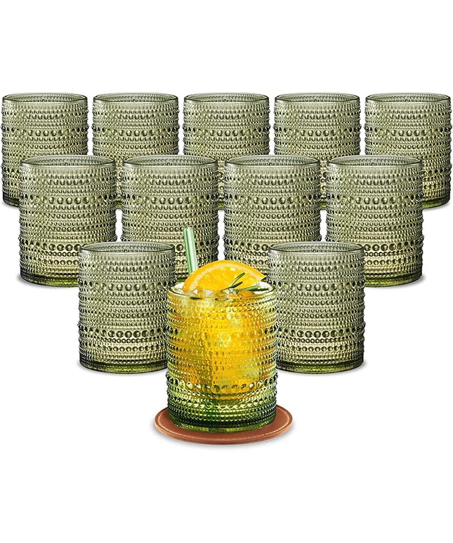 12 OZ Hobnail Drinking Set of 12 – Vintage Embossed Glassware, Textured Tumblers for Water, Beer, Cocktails, Mocktails, Whiskey & More – Includes Straws and Coasters – Green