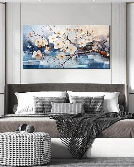GUGIKA Flower Wall Art for Living Room, White Plum Blossom Canvas Wall Decor for Bedroom, Floral Picture Print, Size 48x24 Inches