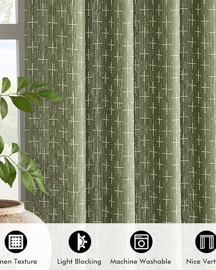 MIULEE Decorative Back Tab Linen Curtains with Geometric Pattern for Living Room Bedroom Farmhouse Rustic Thick Woven Textured Patterned Mudcloth Drapes 84 Inches Long 2 Panels Set, Sage Green