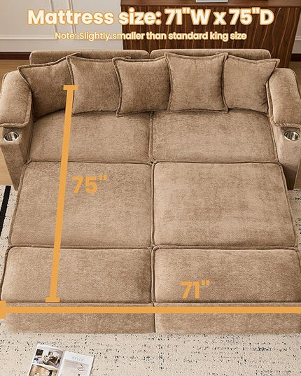 SUNWAVE 83" King Size Pull Out Sofa Bed, 4-in-1 Convertible Sleeper Sofa Bed with USB Ports, Cup Holders, Side Pockets, Corduroy Oversized Loveseat Chaise Lounge for Living Room, Small Space