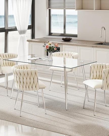 Silver Glass Dining Room Table Set for 4, 63'' Modern Luxury Rectangular Dinner Table Set, 5 PCS Clear Glass Top Minimalist Kitchen Table Set, Ivory Woven Dining Chair for Small Apartment