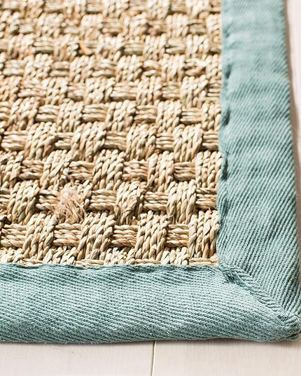 SAFAVIEH Area Rug 3x5 - Natural Fiber Collection - Natural & Light Blue, Seagrass, Basketweave Pattern with Border (NF114M)