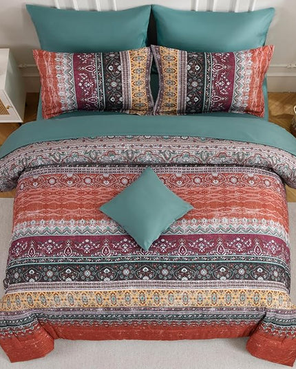 Cottolester Boho Queen Comforter Set 8 Pieces,Orange and Green Bohemian Striped Bed in a Bag,Paisley Soft Microfiber Bedding Comforter Set