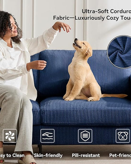 Tbfit 85" Corduroy Couch for Living Room, 3 Seater Mid Century Modern Sofa with Spring Cusions & Extra Deep Seat for Bedroom, Small Comfy Upholstered Couches Easy Assembly with Solid Wood Legs, Blue