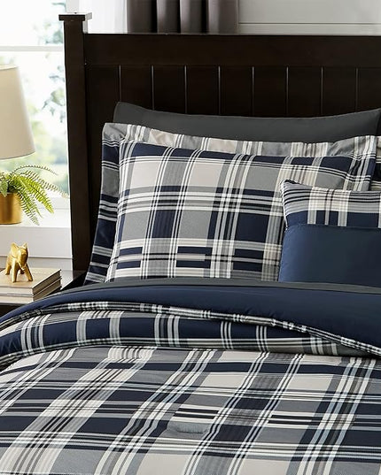 MaiRêve Queen Size Comforter Set Navy Blue, Classic Plaid Farmhouse 7 Pieces Bedding Set, All Season Lightweight Bed in a Bag with Sheets, Pillowcases & Shams